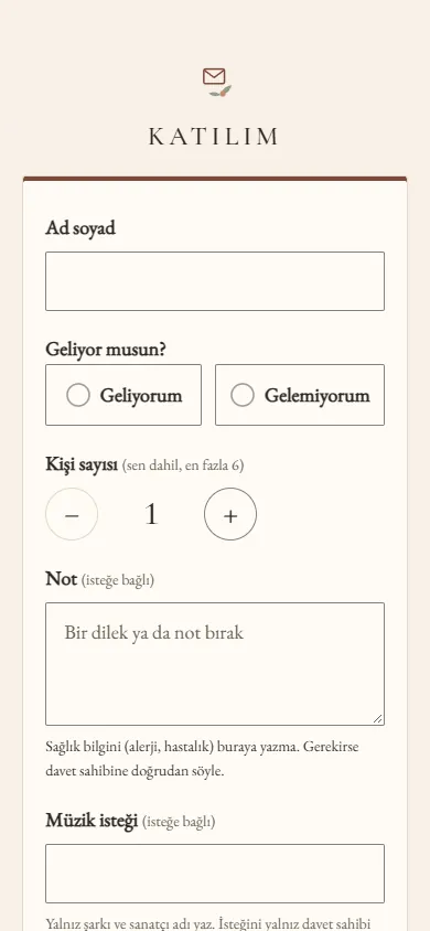 Katılım formunun telefondaki görünümü: tek sütunlu ad soyad, katılım seçenekleri ve kişi sayısı alanları.
