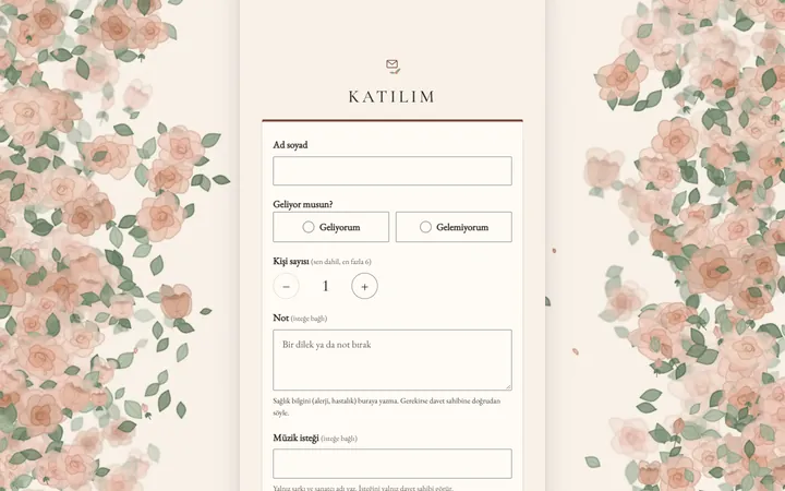 Digidavetiye davetiyesindeki katılım formu: ad soyad alanı, Geliyorum ve Gelemiyorum seçenekleri, kişi sayısı ve not alanı.