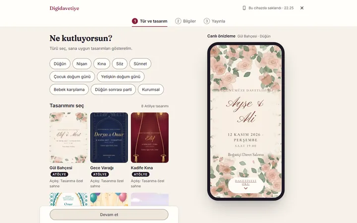 Digidavetiye sihirbazının ilk adımı: etkinlik türü düğmeleri, tasarım kartları ve telefon çerçevesinde canlı davetiye önizlemesi.