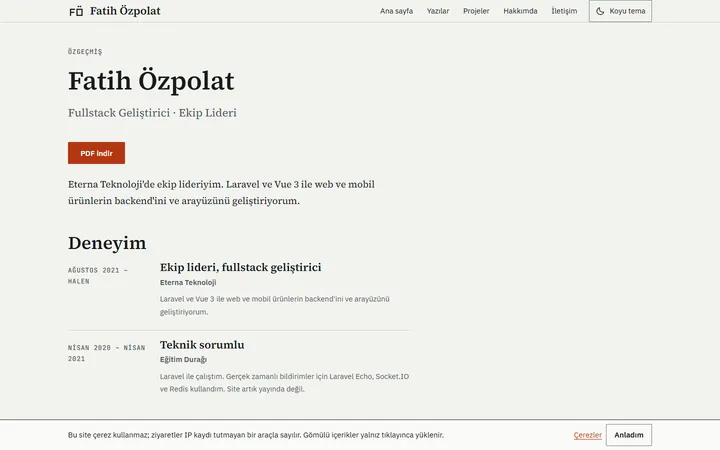fatihozpolat.com CV ekranı: deneyim ve beceri bölümleri ile PDF indirme bağlantısı.