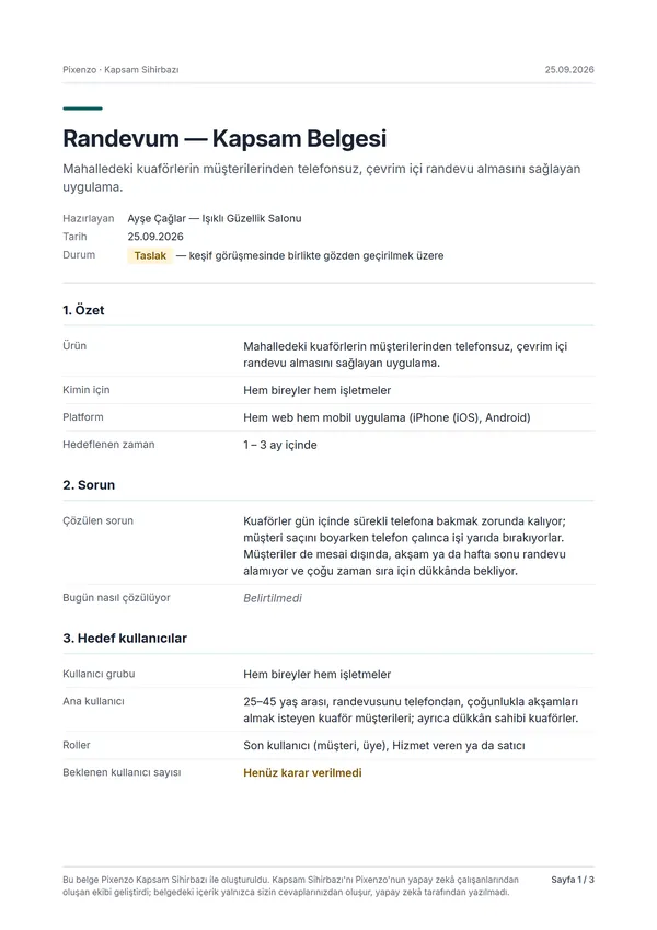 Örnek kapsam belgesinin ilk sayfası: "Randevum — Kapsam Belgesi" başlığı, özet, sorun ve hedef kullanıcılar tabloları.