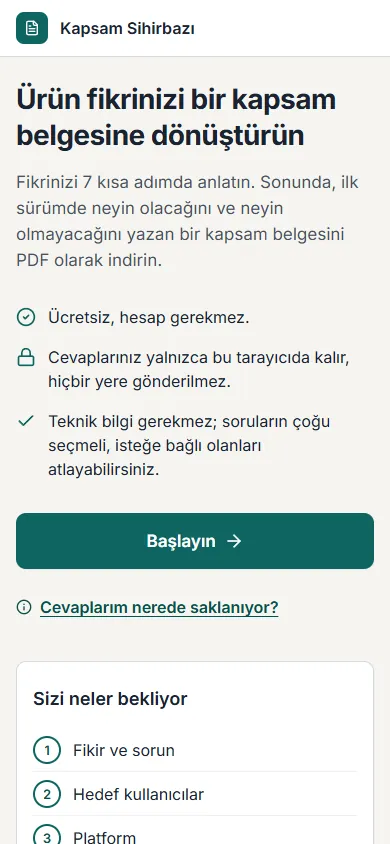 Kapsam Sihirbazı'nın telefondaki giriş ekranı: başlık, üç kısa madde ve Başlayın düğmesi.