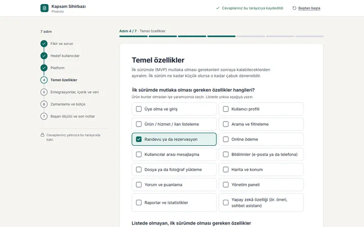 Kapsam Sihirbazı 4. adım ekranı: ilk sürümde olması gereken özellikler için onay kutuları, "Randevu ya da rezervasyon" seçili.