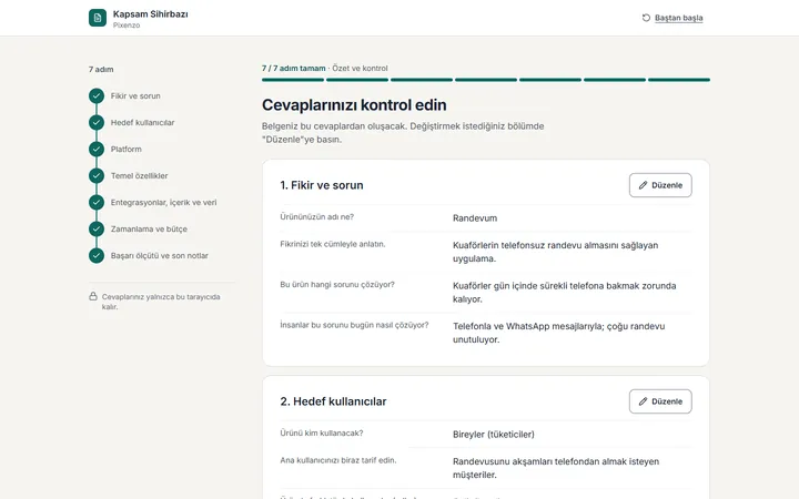 Kapsam Sihirbazı özet ekranı: cevaplar bölümler halinde listelenmiş.