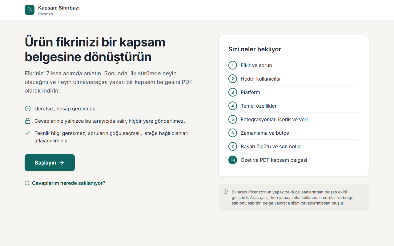 Kapsam Sihirbazı arayüzünün ekran görüntüsü: fikrinizi adım adım anlattığınız ilk ekran.