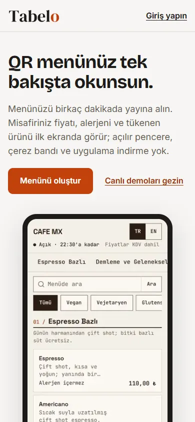 Tabelo tanıtım sayfasının telefondaki görünümü: başlık, açıklama ve menü oluşturma düğmesi.