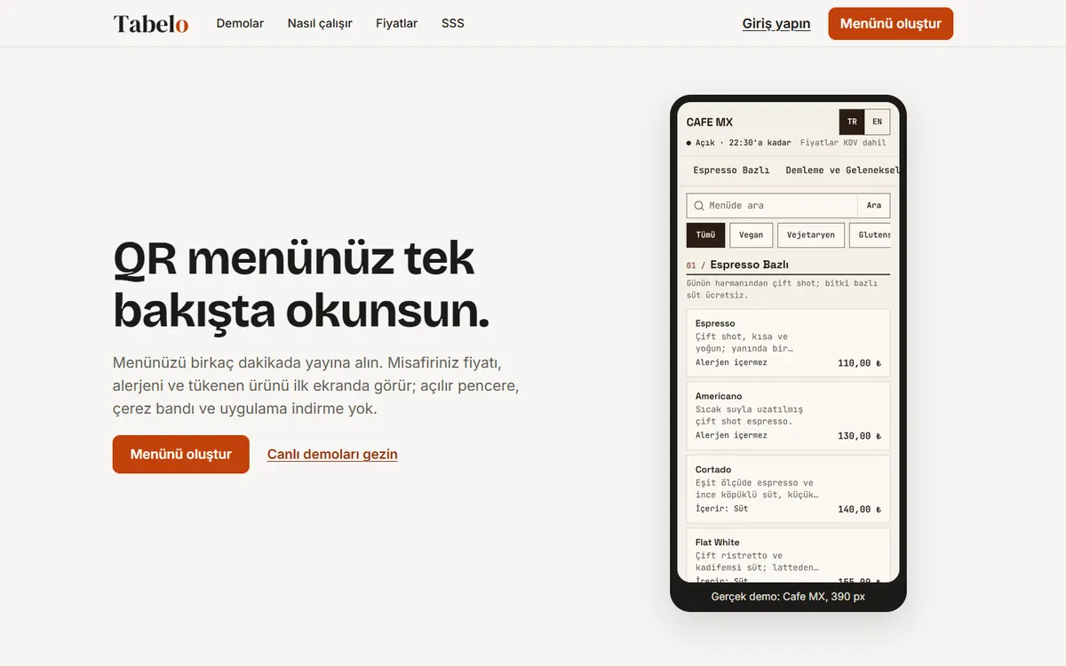 Tabelo tanıtım sayfası: QR menü ürününün başlığı ve kısa açıklaması.