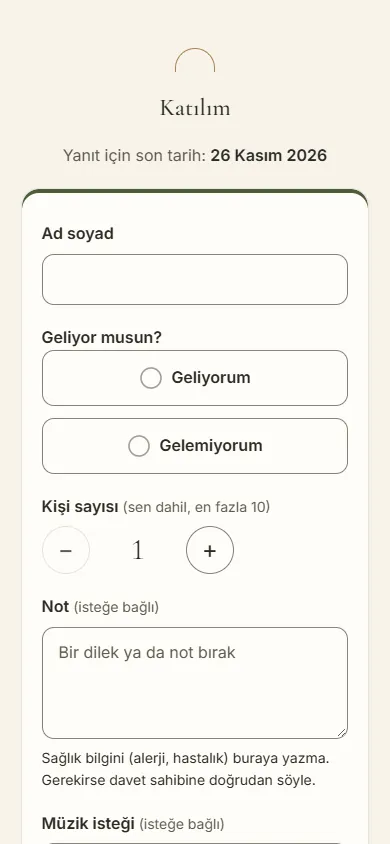 Katılım formunun telefondaki görünümü: tek sütunlu ad soyad, katılım seçenekleri ve kişi sayısı alanları.