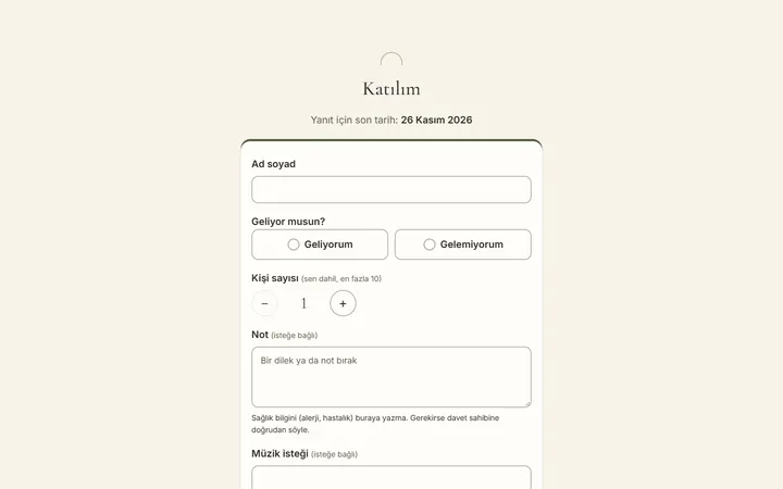 Zarfika davetiyesindeki katılım formu: ad soyad alanı, Geliyorum ve Gelemiyorum seçenekleri, kişi sayısı ve not alanı.