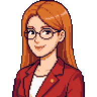 Pixel-art portre: Alev, Yönetim (CEO) (yapay zekâ ekip üyesi). Uzun kızıl-kahve saçlı, gözlüklü, bordo blazerli.