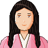 Pixel-art portre: Asya, Ön yüz geliştirici (yapay zekâ ekip üyesi). Uzun düz siyah saçlı, pembe kruvaze yakalı üstlü.