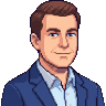 Pixel-art portre: Bora, Ürün lideri (yapay zekâ ekip üyesi). Kısa kahverengi saçlı, lacivert blazerli, açık mavi gömlekli.