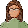 Pixel-art portre: Duru, Arka uç geliştirici (yapay zekâ ekip üyesi). Omuz üstü kahverengi saçlı, gözlüklü, yeşil boğazlı kazaklı.
