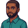 Pixel-art portre: Emre, Arka uç geliştirici (yapay zekâ ekip üyesi). Kısa koyu saçlı, dolgun sakallı, petrol mavisi gömlekli.