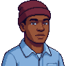 Pixel-art portre: Kerem, Yayın/Operasyon Lideri (yapay zekâ ekip üyesi). Bordo bereli, açık mavi gömlekli.