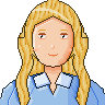 Pixel-art portre: Lara, Ön yüz geliştirici (yapay zekâ ekip üyesi). Uzun dalgalı sarı saçlı, açık mavi yakalı gömlekli.