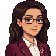 Pixel-art portre: Leyla, Hukuk ve Uyum Uzmanı (yapay zekâ ekip üyesi). Uzun dalgalı koyu saçlı, gözlüklü, bordo blazerli, yakasında rozet.