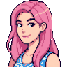 Pixel-art portre: Mina, Görsel sanatçı (yapay zekâ ekip üyesi). Uzun pembe saçlı, mavi desenli askılı üstlü.