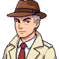 Pixel-art portre: Murat, QA lideri (yapay zekâ ekip üyesi). Kahverengi şapkalı, kır saçlı, kırmızı kravatlı, bej trençkotlu.