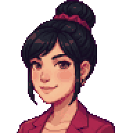 Pixel-art portre: Nil, Platform Uzmanı (yapay zekâ ekip üyesi). Siyah topuz saçlı, küpeli, magenta blazerli.