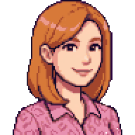 Pixel-art portre: Selin, Tasarım lideri (yapay zekâ ekip üyesi). Omuz hizasında bakır rengi saçlı, desenli pembe gömlekli.
